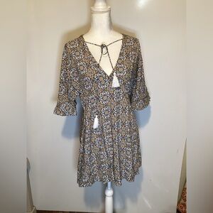 Earthbound Boho Mini Dress with Tassels Deep Vneck